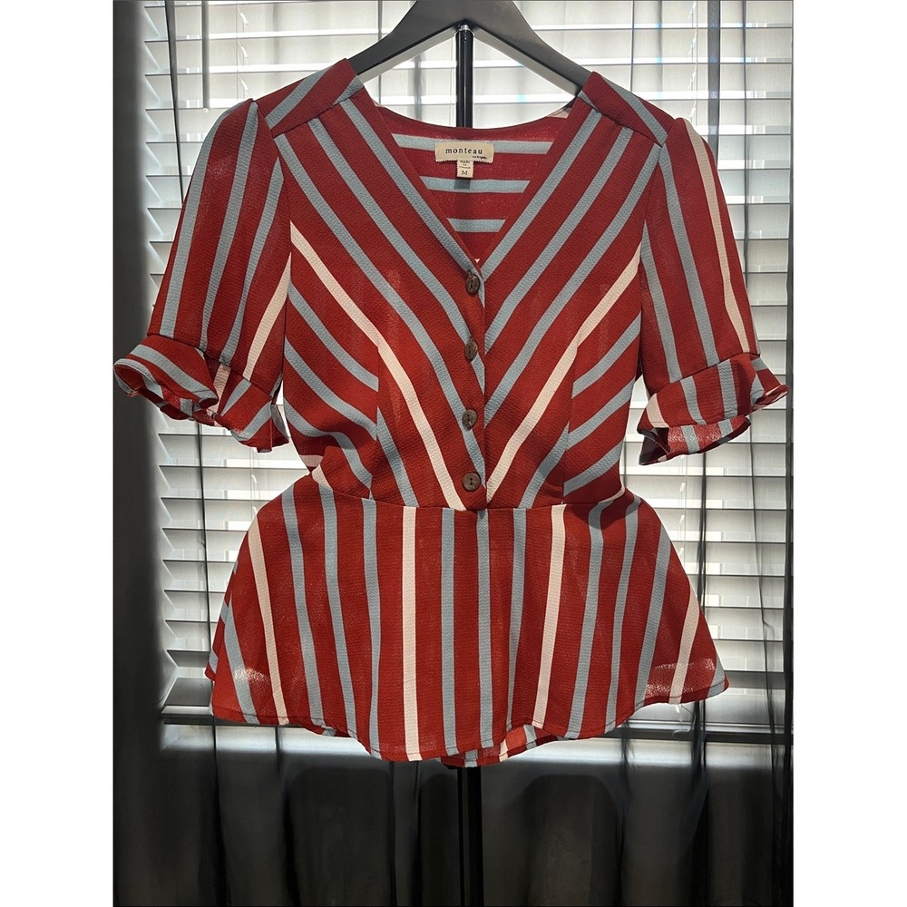 Monteau Rust Red, Light Blue & Cream Striped V-Neck Peplum Blouse